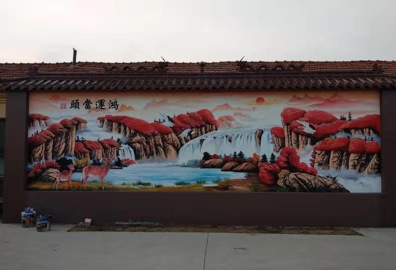 青岛墙体彩绘，开放区道格斯麦食品公司厂房照壁，影壁墙形象壁画彩绘